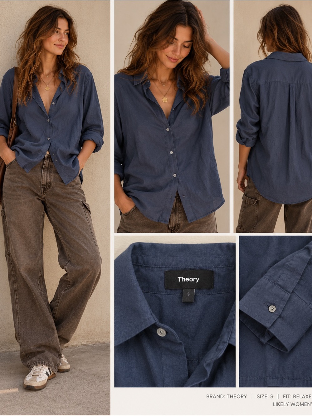 Theory Cotton Solid Button Front Classic Shirt Navy Blue Size Small
